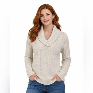 Jeanne Pierre Cotton Cable Knit Shawl Collar Fisherman Sweater Cream Ivory M